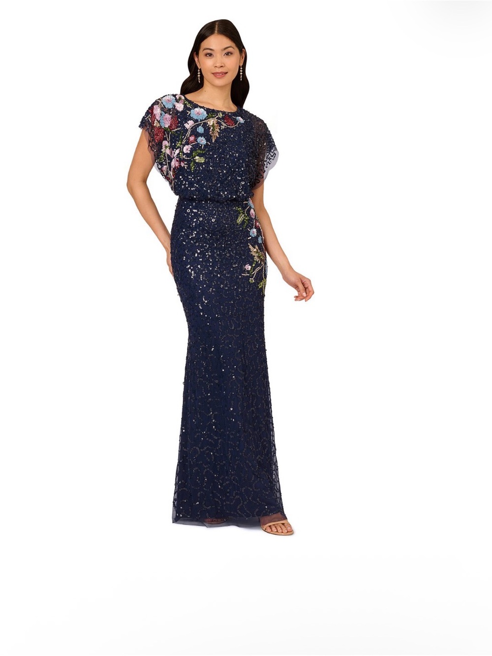 Adrianna Papell Navy Floral Beaded Sequin Blouson Evening Gown SZ 4 NWT GALA MOB